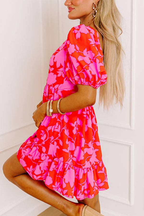 JO | Red Floral Bubble Sleeve Sweetheart Neck Ruffled Mini Dress