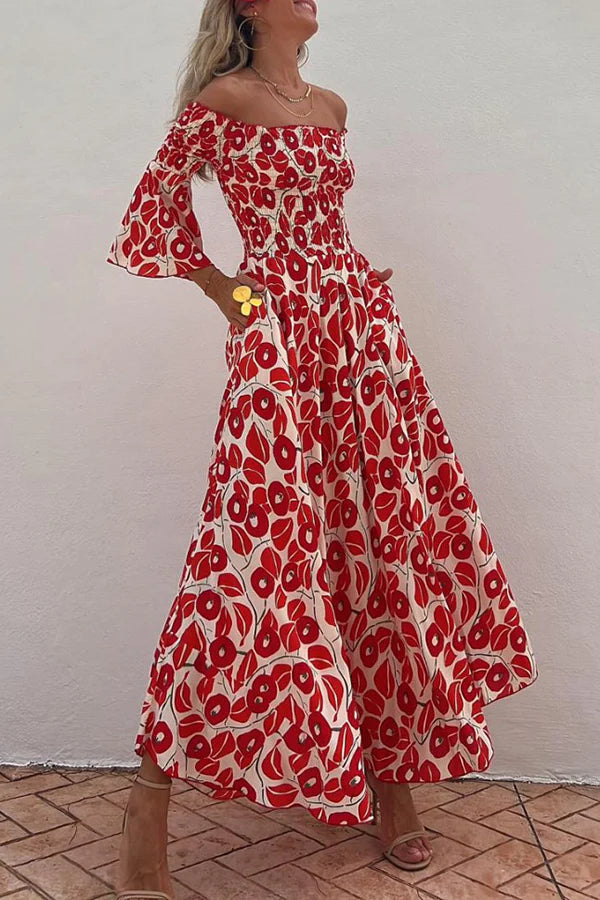 JO | Close To The Vacation Floral Print Smocked Off Shoulder Pocketed Maxi Dress