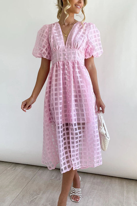 JO | Remarkable Beauty Square Patterned Fabric Puff Sleeve Party Midi Dress