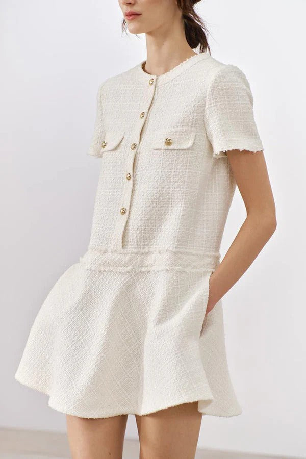 JO | 1960s London Girl tweed textured gold button short sleeve pocketed mini dress