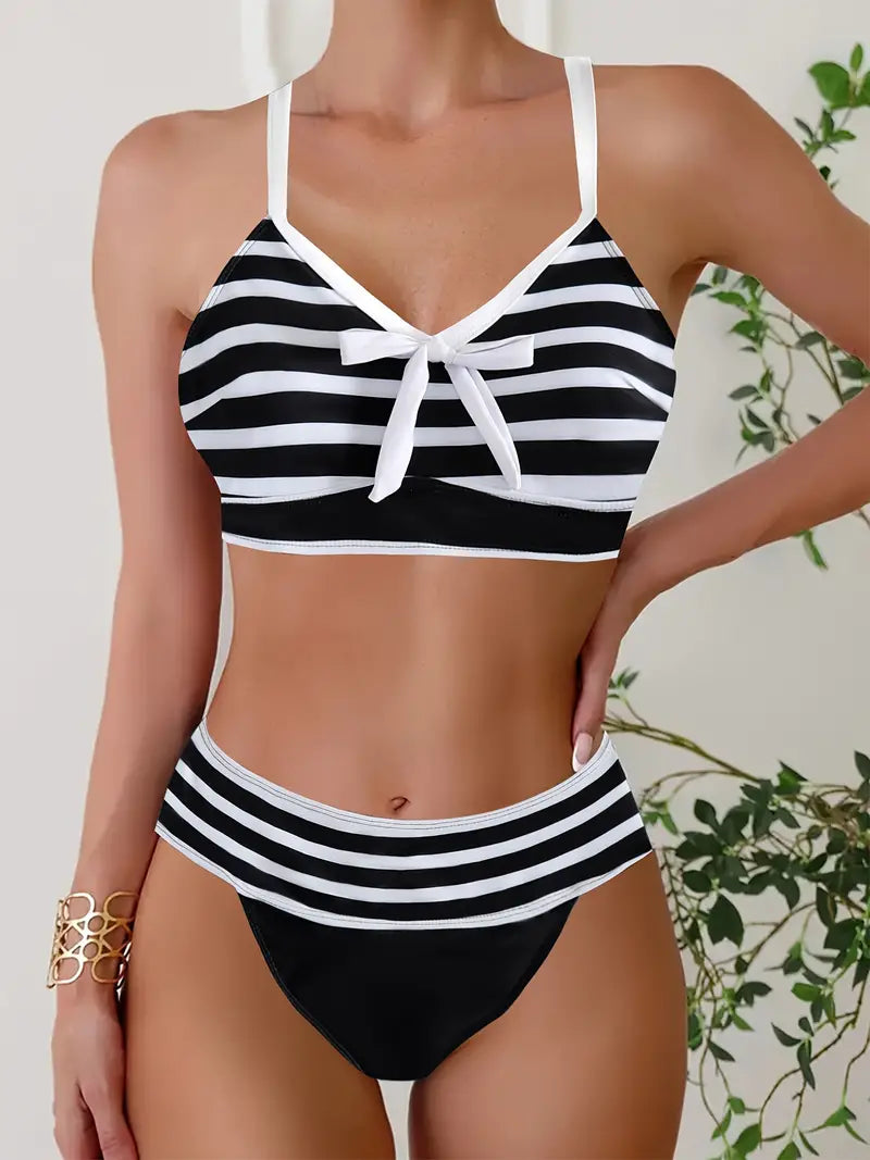 JO | Sexy striped print bow knot V-neck bikini