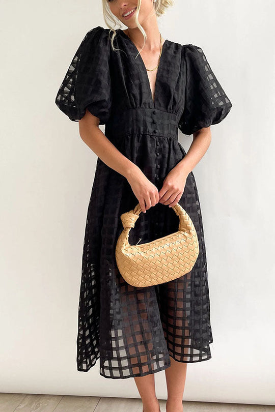 JO | Remarkable Beauty Square Patterned Fabric Puff Sleeve Party Midi Dress