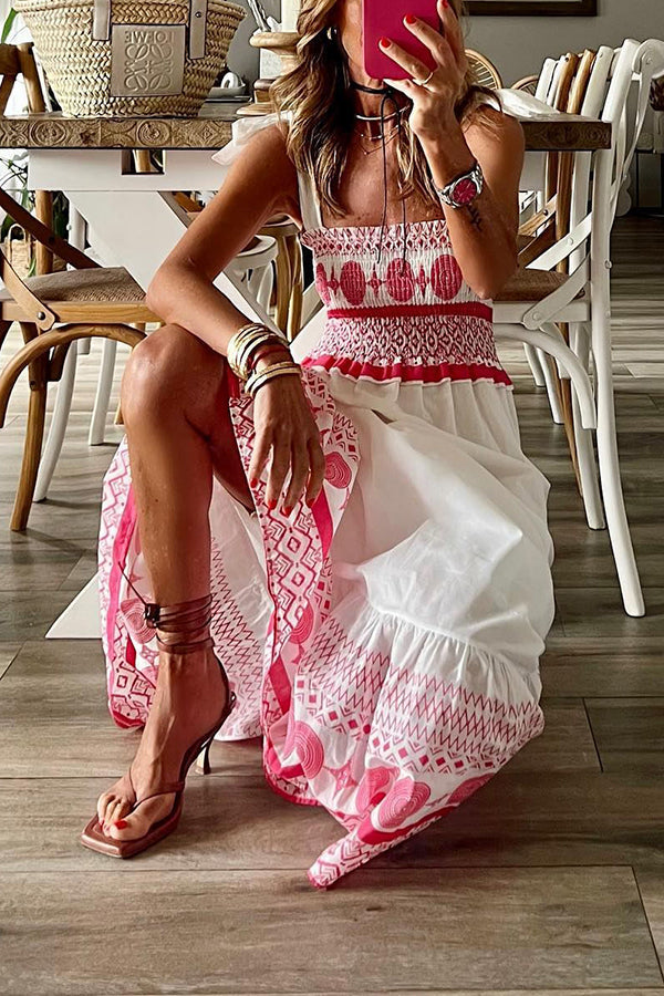 JO | Malibu Villa Ethnic printed maxi dress with smocked shoulders