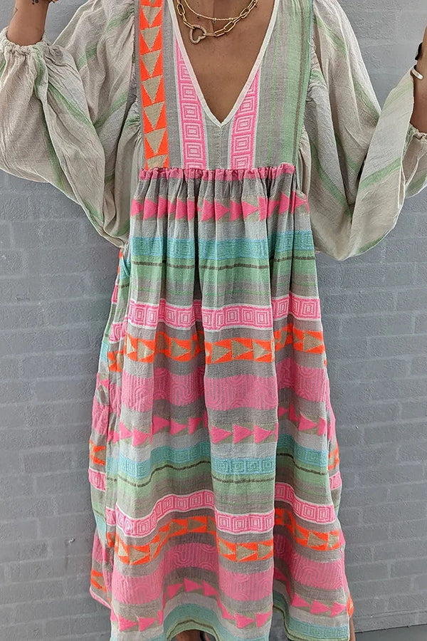 JO | Whisked Away Geometric Color Block Printed A-Line Midi Dress
