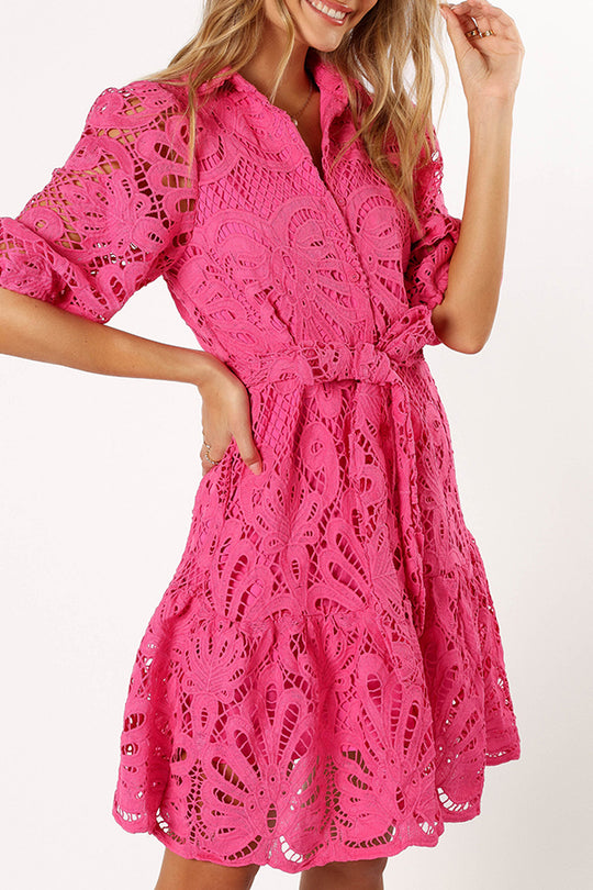 JO | Solid color lace neckline balloon sleeves and waist tie mini dress