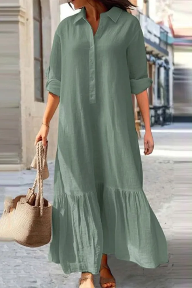 JO | Casual vintage solid button flounce turn-down collar shirt dresses