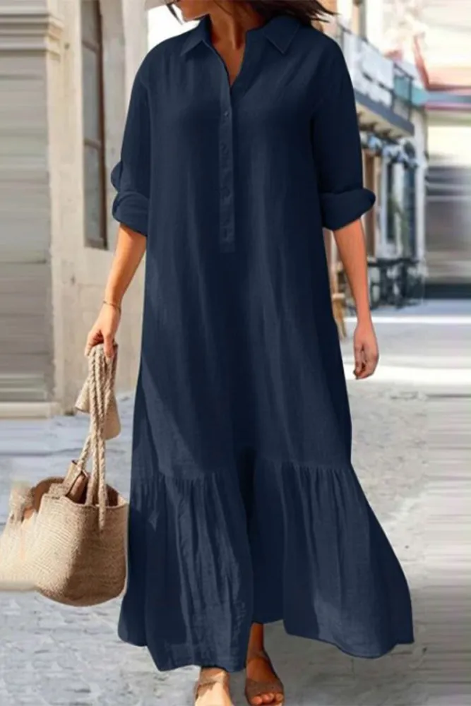 JO | Casual vintage solid button flounce turn-down collar shirt dresses