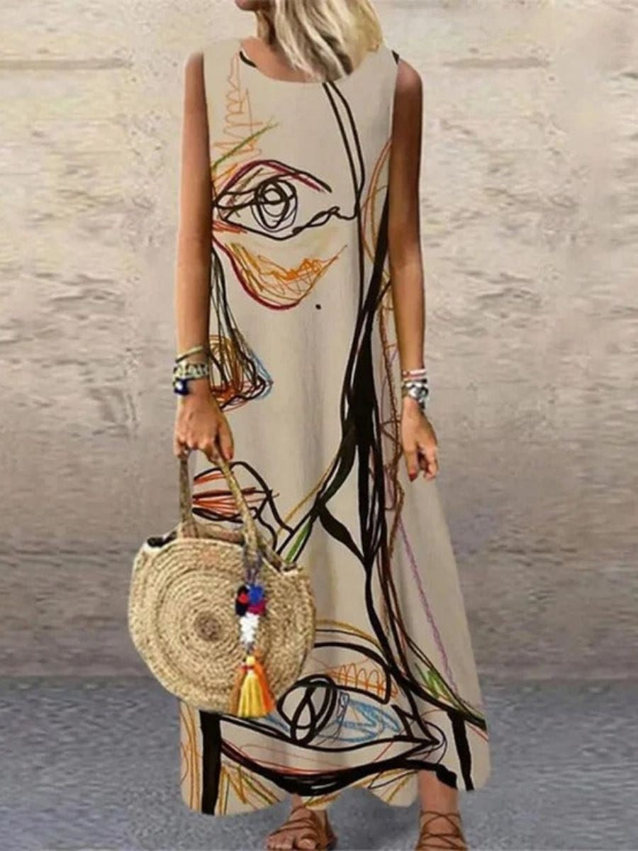 JO | Women's sleeveless midi dress - Abstract print - Relaxed fit - Natural fibers