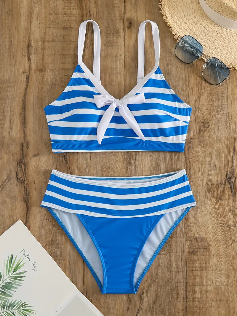 JO | Sexy striped print bow knot V-neck bikini
