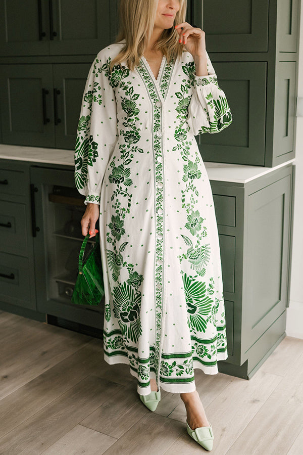 JO | Unique print button down long sleeve shirt maxi dress