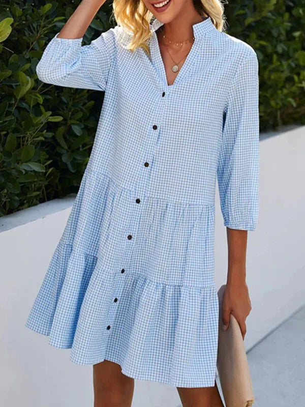 JO | Loose-fitting shirt dress in A-line, checked, with split neckline, halterneck and button fastening