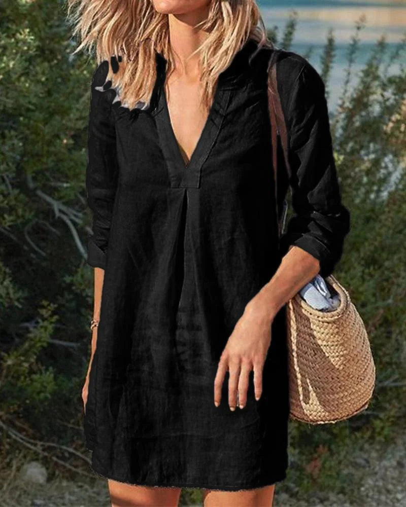 JO | Button Down Knee Length Midi Dress V-Neck Split Casual Long Sleeve Dress