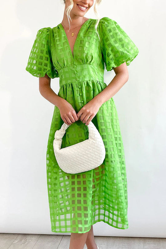 JO | Remarkable Beauty Square Patterned Fabric Puff Sleeve Party Midi Dress
