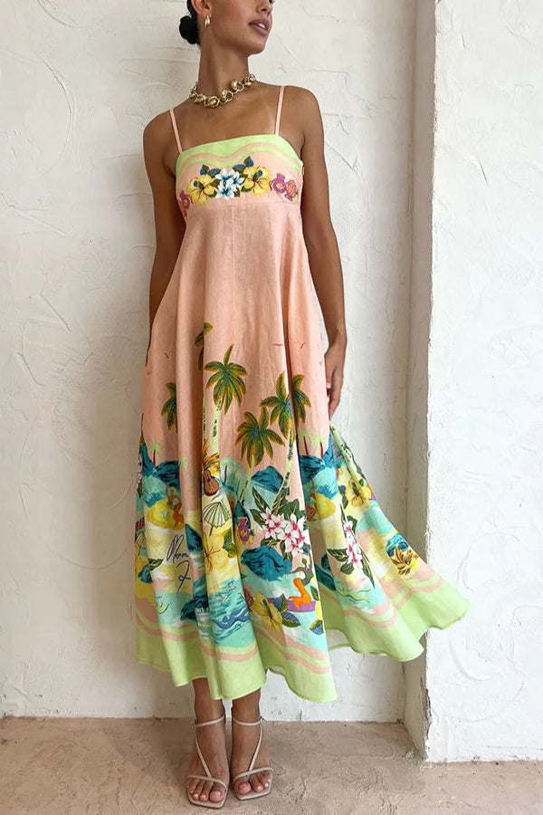 JO | Coconut Scenery Linen Blend Tropical Print Smocked Back Midi Dress