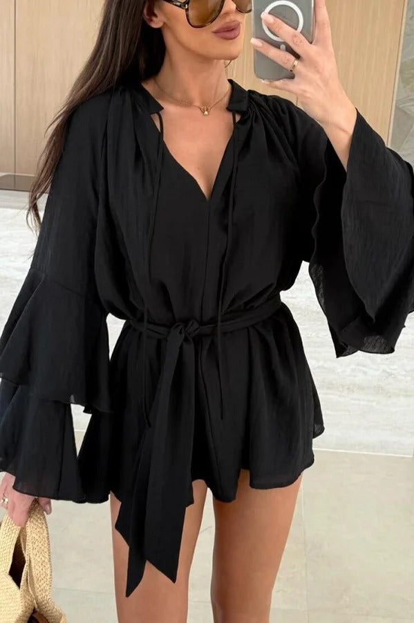 JO | Molly Linen Blend Tiered Bell Sleeve Tie-up Cover-up Mini Dress