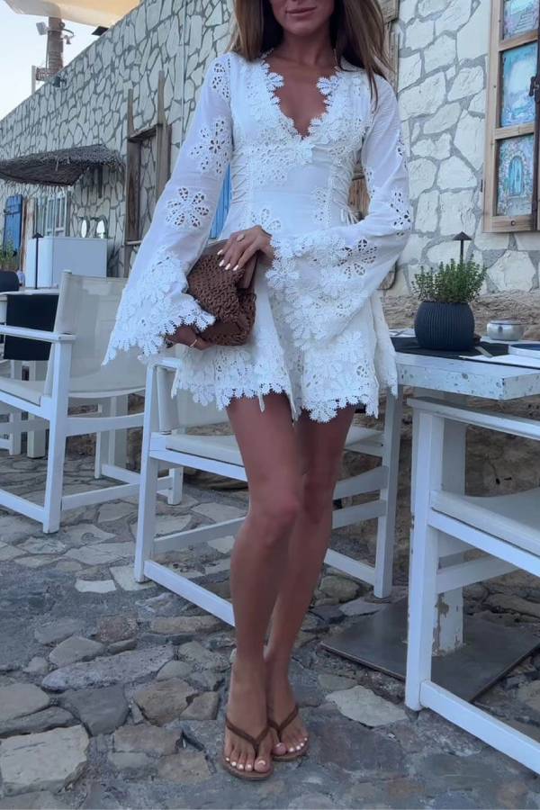 JO | Diaz Embroidery Hollow Fabric Delicate Flower Trim Long Sleeve Side Lace-up Mini Dress