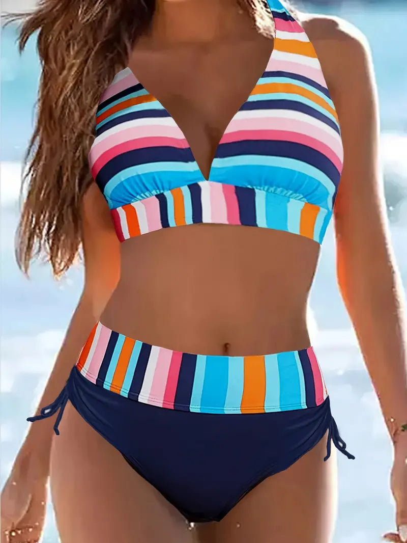 JO | Colorful stripe print halter bikini with drawstring