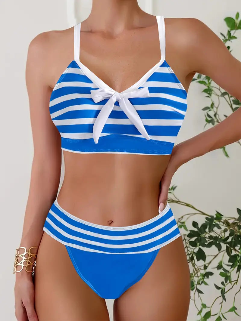JO | Sexy striped print bow knot V-neck bikini