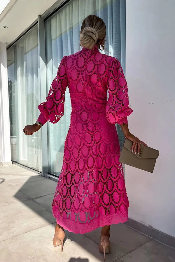 JO | Romantic, Sensual and Elegant Crochet Lace Lantern Sleeve Party Midi Dress