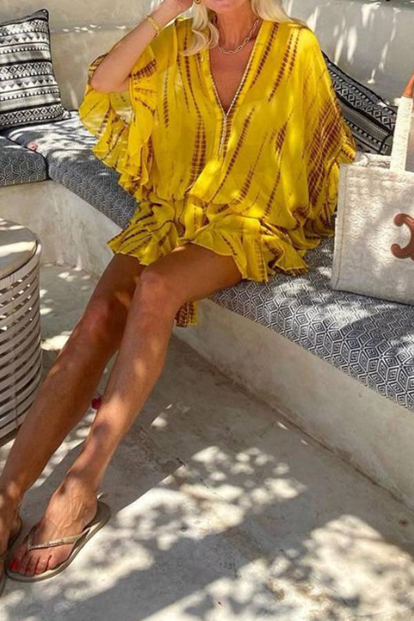 JO | Lemon Flavor Tie Dye Ruffle Batwing Sleeve Elastic Waist Kaftan Mini Dress