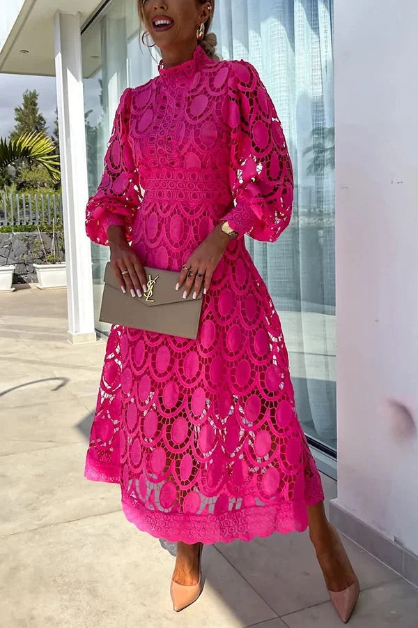 JO | Romantic, Sensual and Elegant Crochet Lace Lantern Sleeve Party Midi Dress