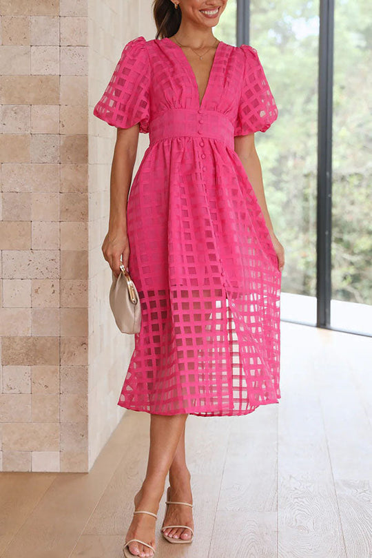 JO | Remarkable Beauty Square Patterned Fabric Puff Sleeve Party Midi Dress