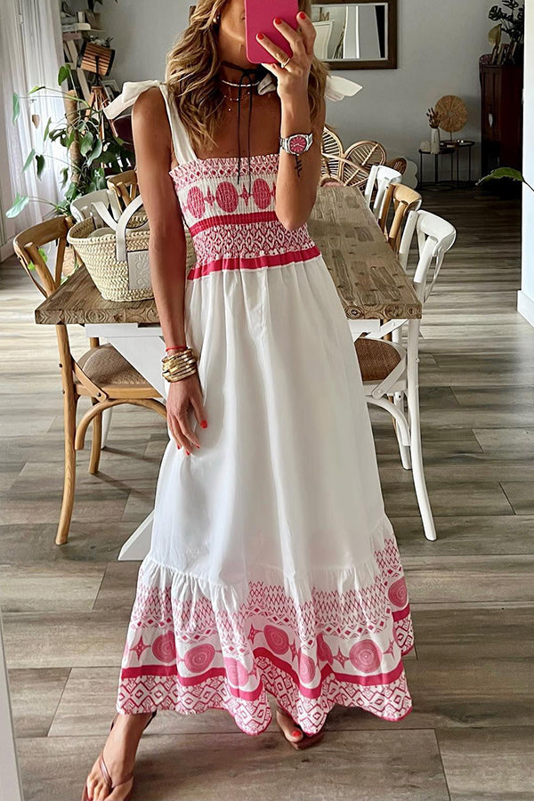 JO | Malibu Villa Ethnic printed maxi dress with smocked shoulders
