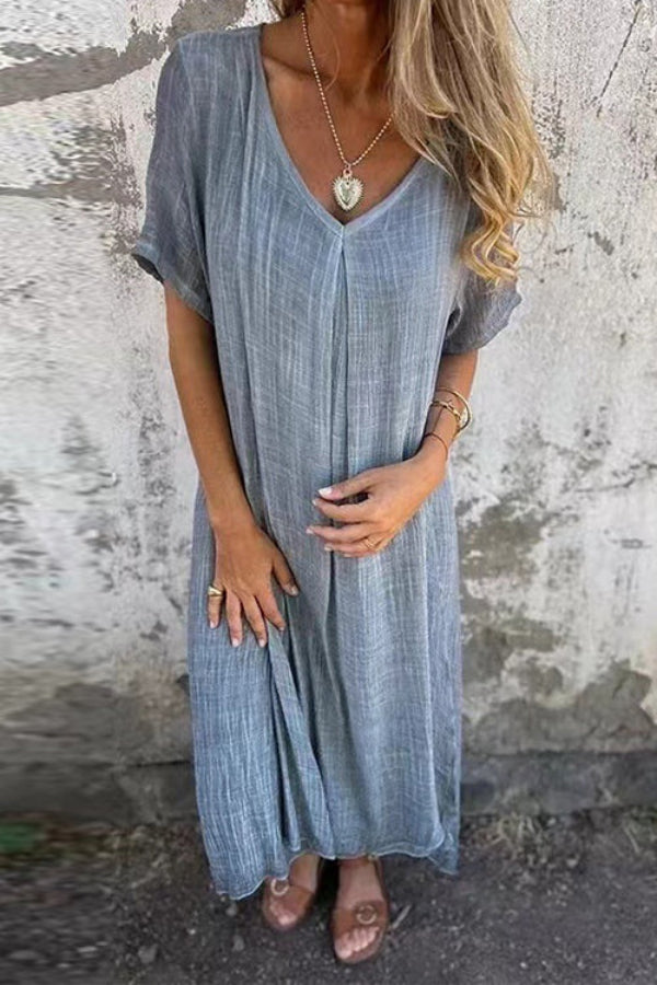 JO | V-neck loose fit cotton linen midi dress