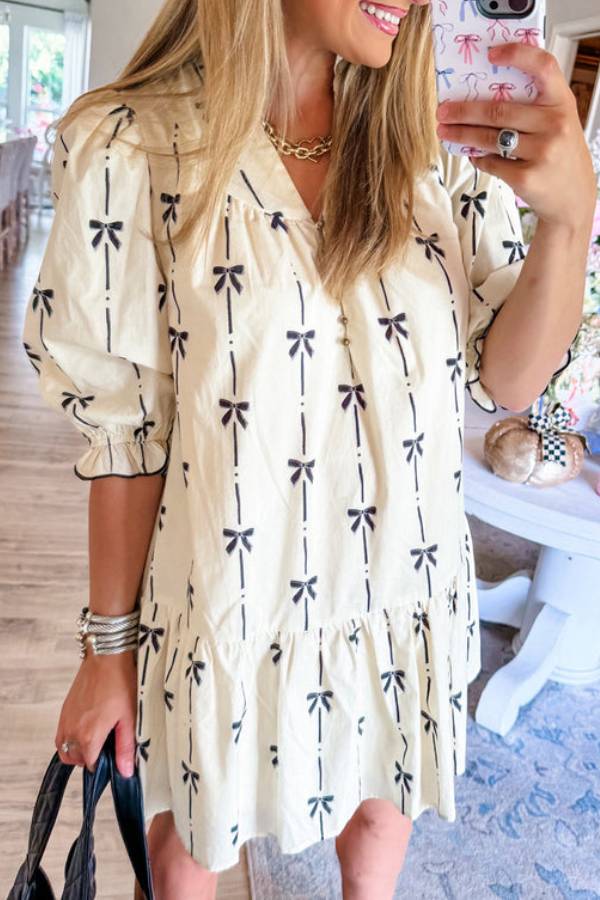 JO | Beige Cute Bowknot Printed Bubble Sleeve V-Neck Mini Dress