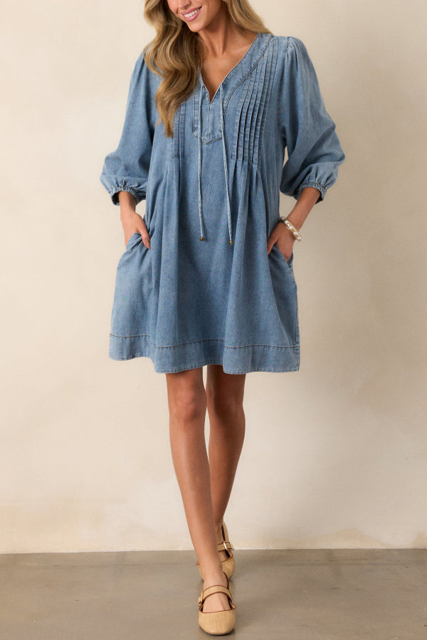 JO | Fate Would Have It Denim Playful Pleated Pocket A-Line Mini Dress