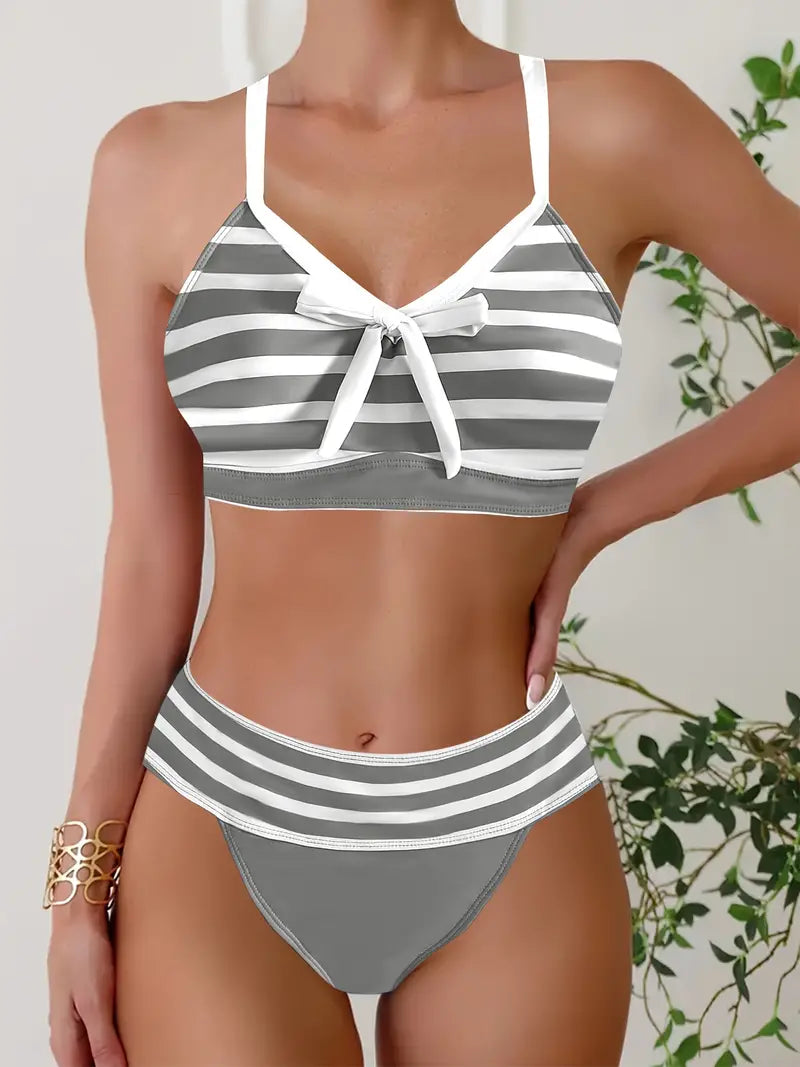 JO | Sexy striped print bow knot V-neck bikini