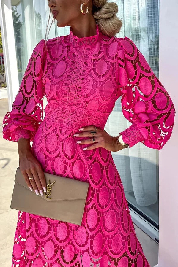 JO | Romantic, Sensual and Elegant Crochet Lace Lantern Sleeve Party Midi Dress