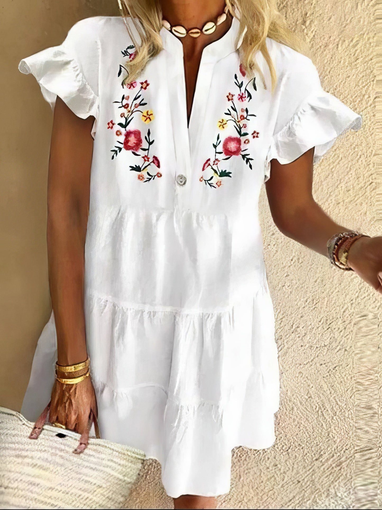 JO | Floral print fringed mini dress with V-neckline