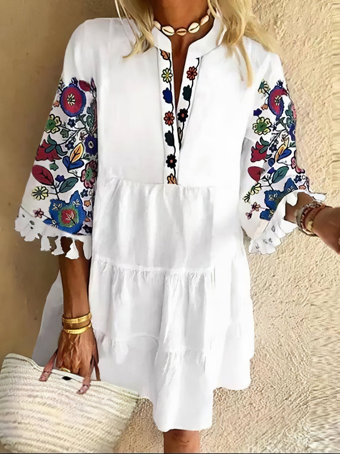 JO | Floral print fringed mini dress with V-neckline