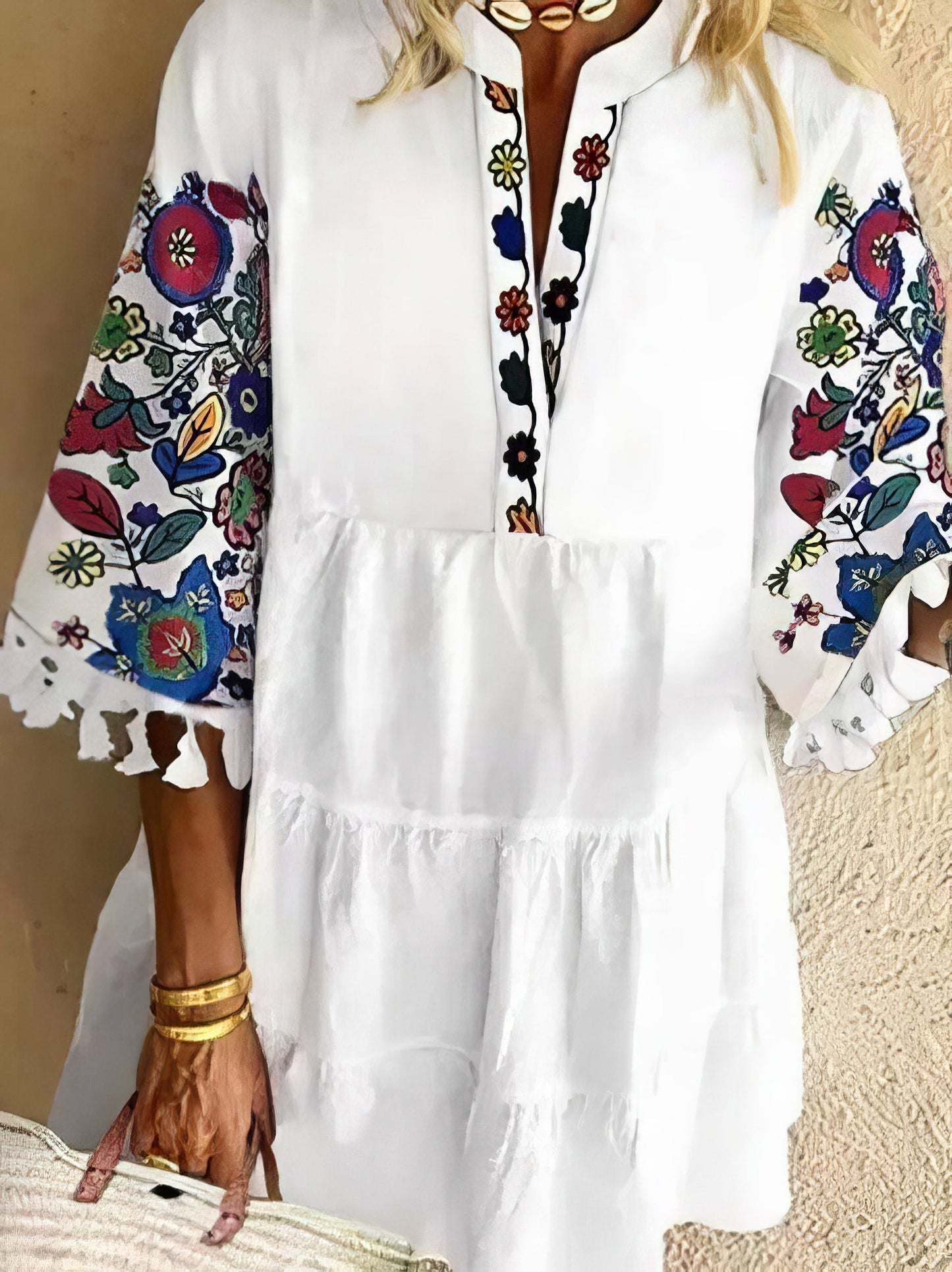 JO | Floral print fringed mini dress with V-neckline