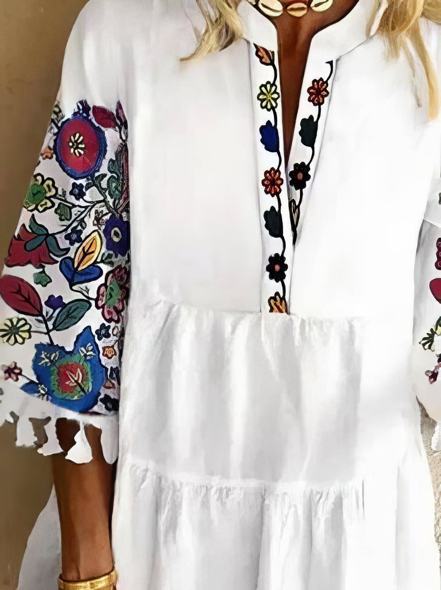 JO | Floral print fringed mini dress with V-neckline