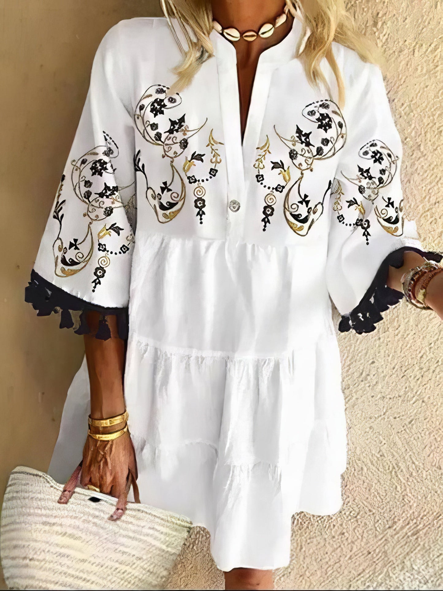JO | Floral print fringed mini dress with V-neckline