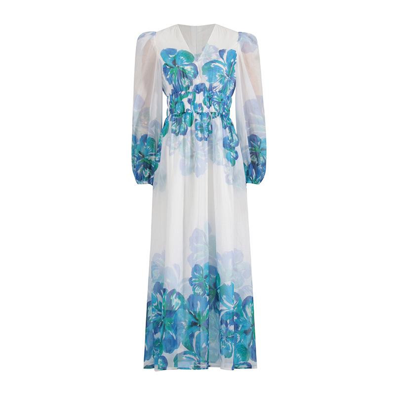 JO | Women's midi dress - V-neck - Smocked waist - Long sleeves - Light, elegant fit