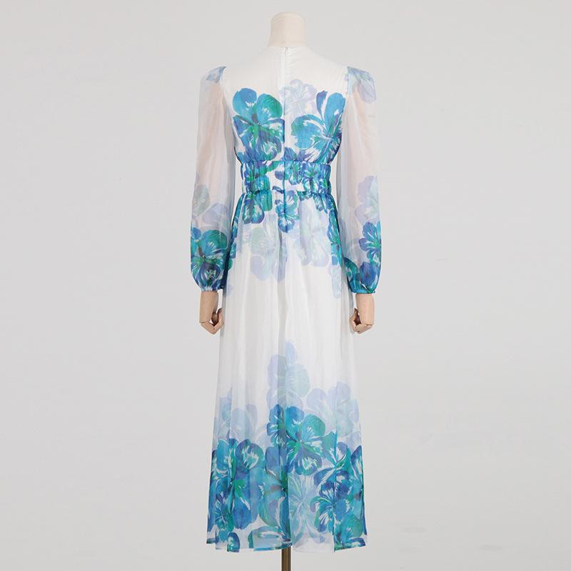 JO | Women's midi dress - V-neck - Smocked waist - Long sleeves - Light, elegant fit