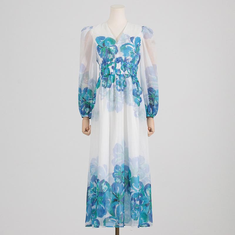 JO | Women's midi dress - V-neck - Smocked waist - Long sleeves - Light, elegant fit