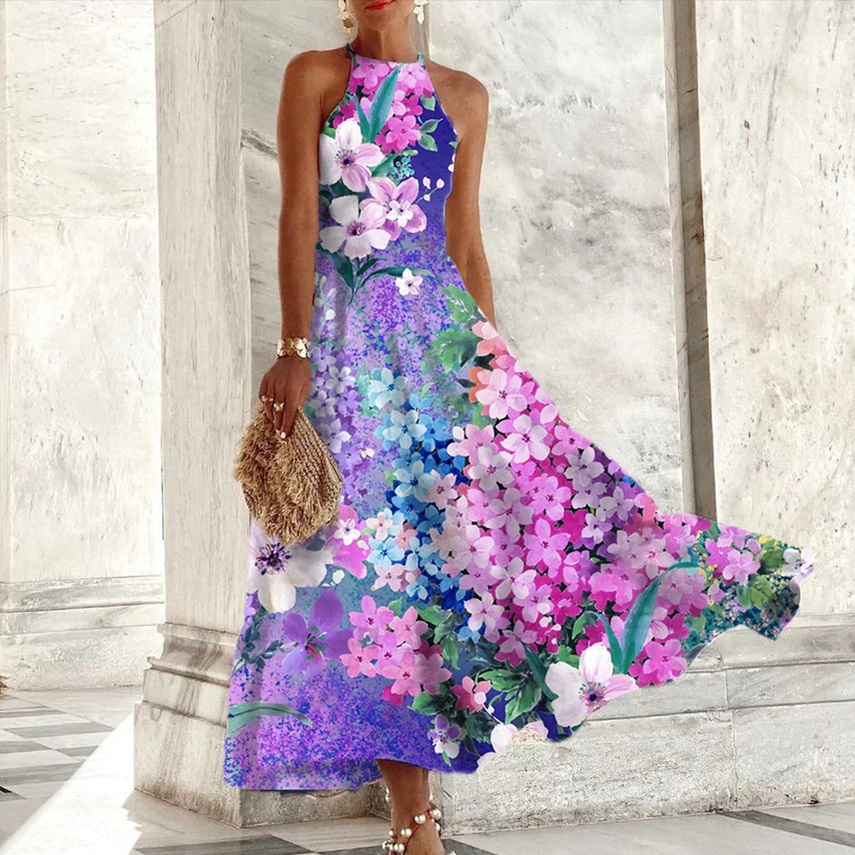 JO | sleeveless maxi dress with halterneck.