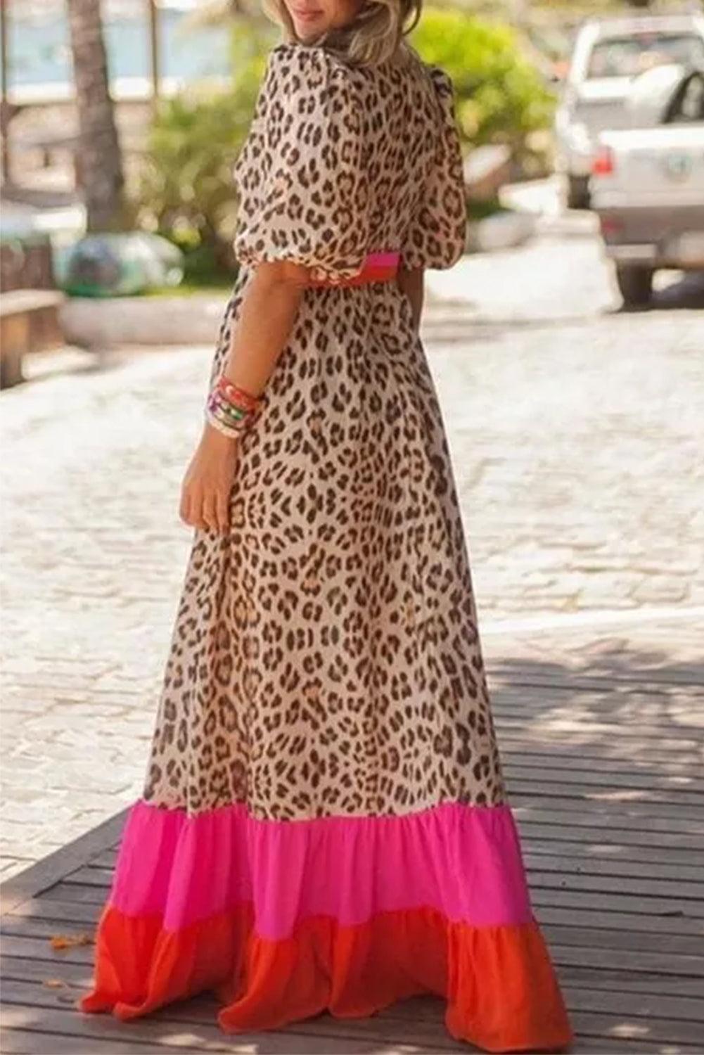 JO | Maxi dress with leopard print and puff sleeves for women