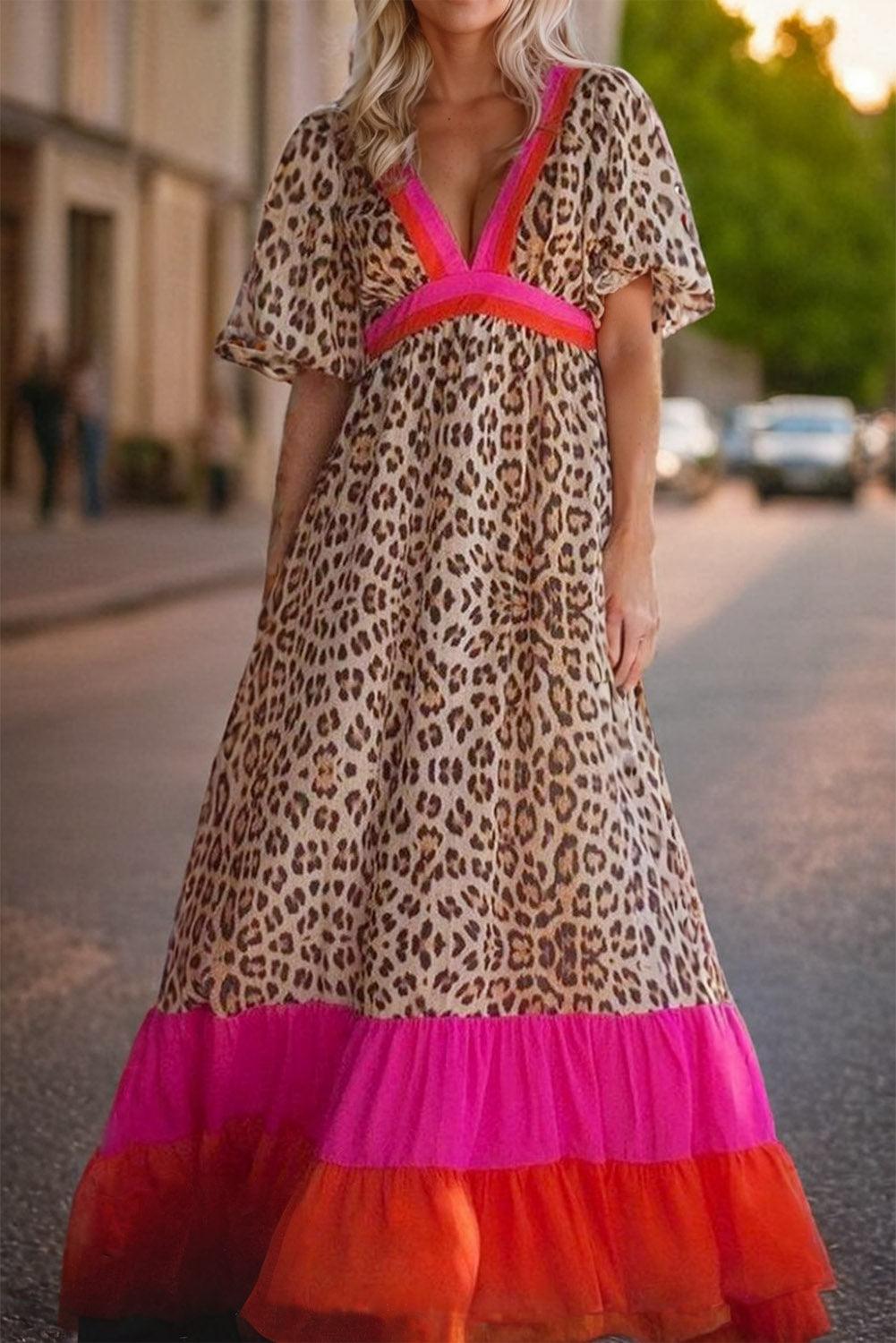 JO | Maxi dress with leopard print and puff sleeves for women