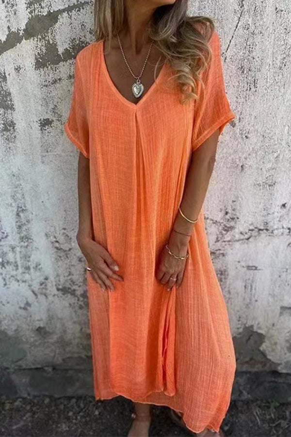 JO | V-neck loose fit cotton linen midi dress