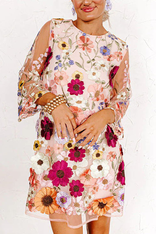 JO | Dahlia Dreaming Embroidered Floral Appliqué Half Sleeve Mini Dress