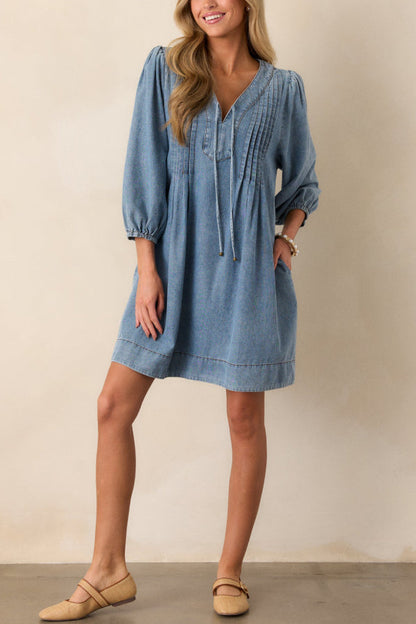 JO | Fate Would Have It Denim Playful Pleated Pocket A-Line Mini Dress