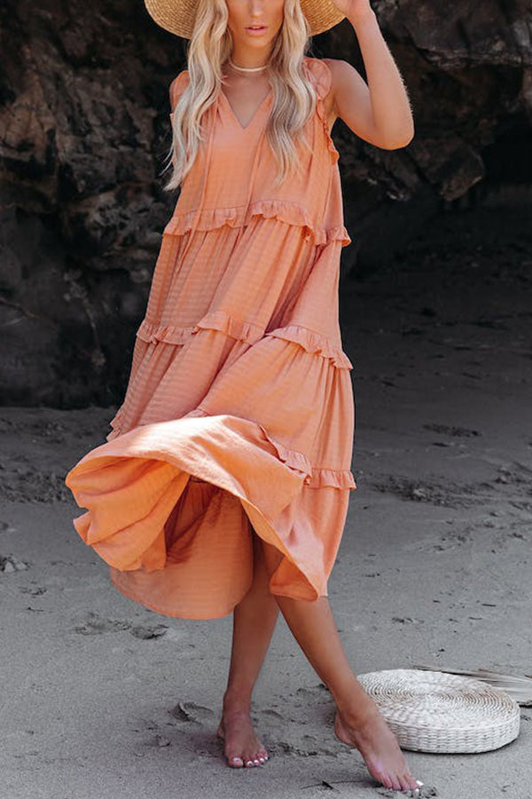 JO | COTTON BLEND, TIERED MIDI DRESS WITH POCKETS