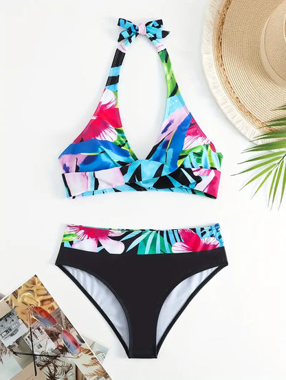 JO | Stylish Random Print Halter Cross Bikini