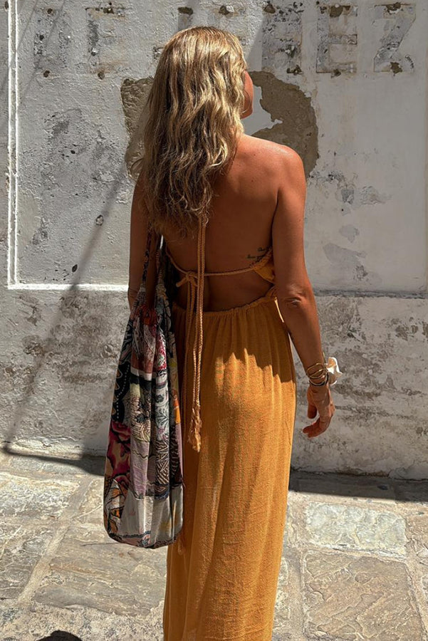JO | Linen Blend Elastic Waist Halter Backless Pocket Slit Midi Dress