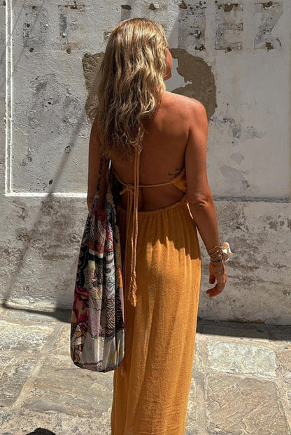 JO | Linen Blend Elastic Waist Halter Backless Pocket Slit Midi Dress